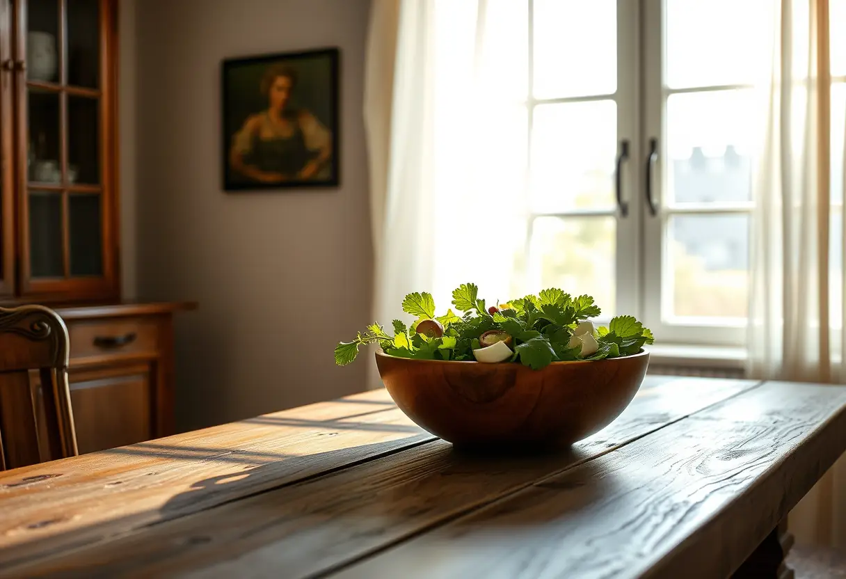 Un bol en bois rempli de légumes frais sur une table rustique dans la lumière naturelle