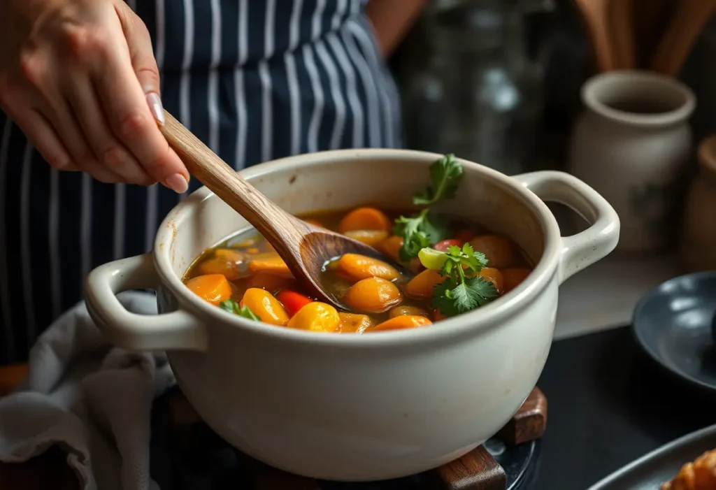 Main : une main posant une cuillère en bois dans une grande casserole de légumes cuits, symbolisant l'alimentation saine post-partum.