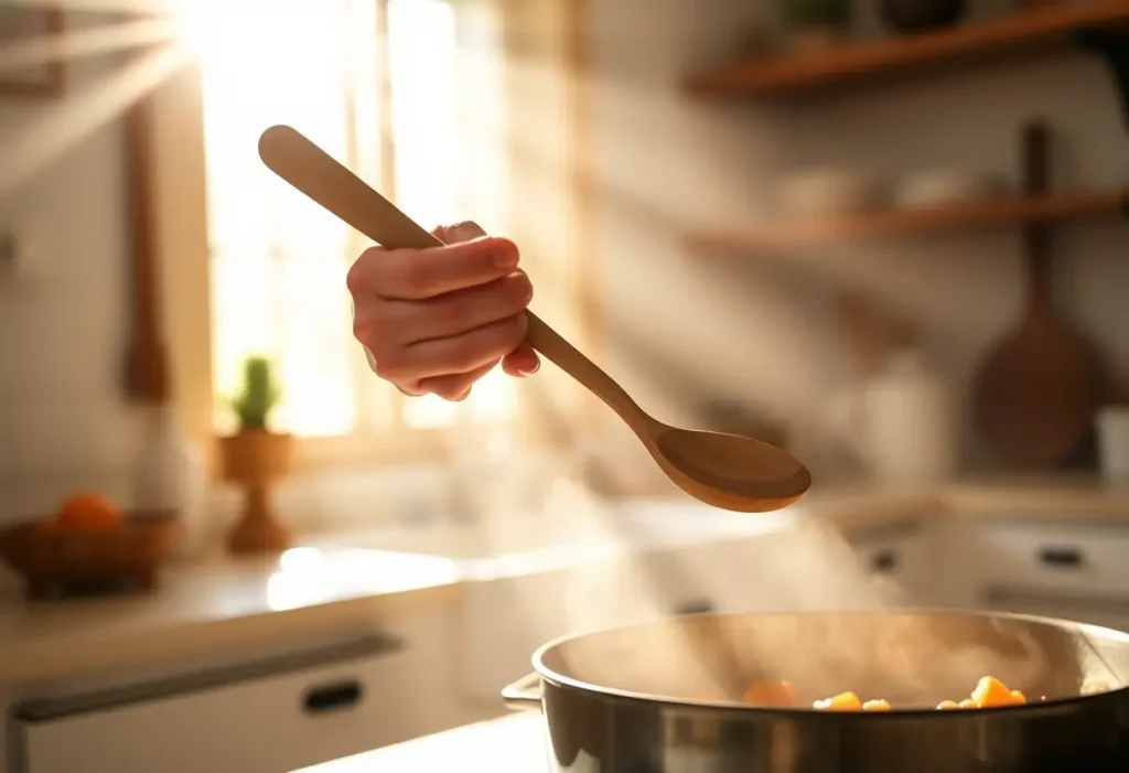 Une main féminine tient une cuillère en bois dans une cuisine lumineuse
