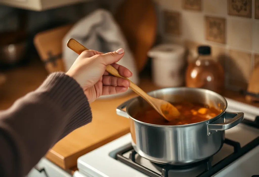 Une main féminine tient une cuillère en bois dans une cuisine accueillante