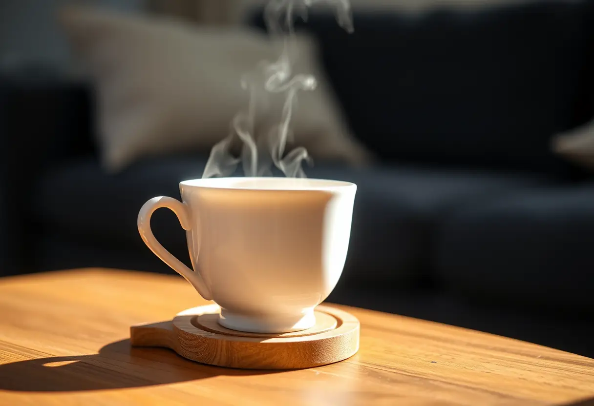 Une tasse de thé posée sur un plateau en bois éclairée par la lumière du matin