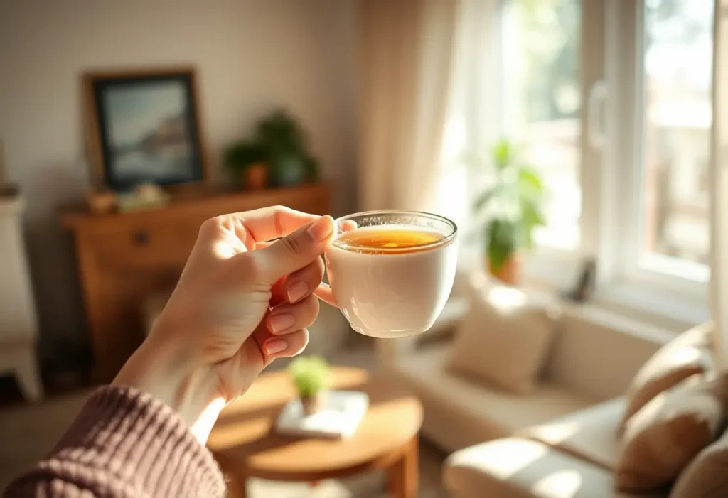 Une main tenant une tasse de thé dans un salon accueillant, éclairée par la lumière du jour