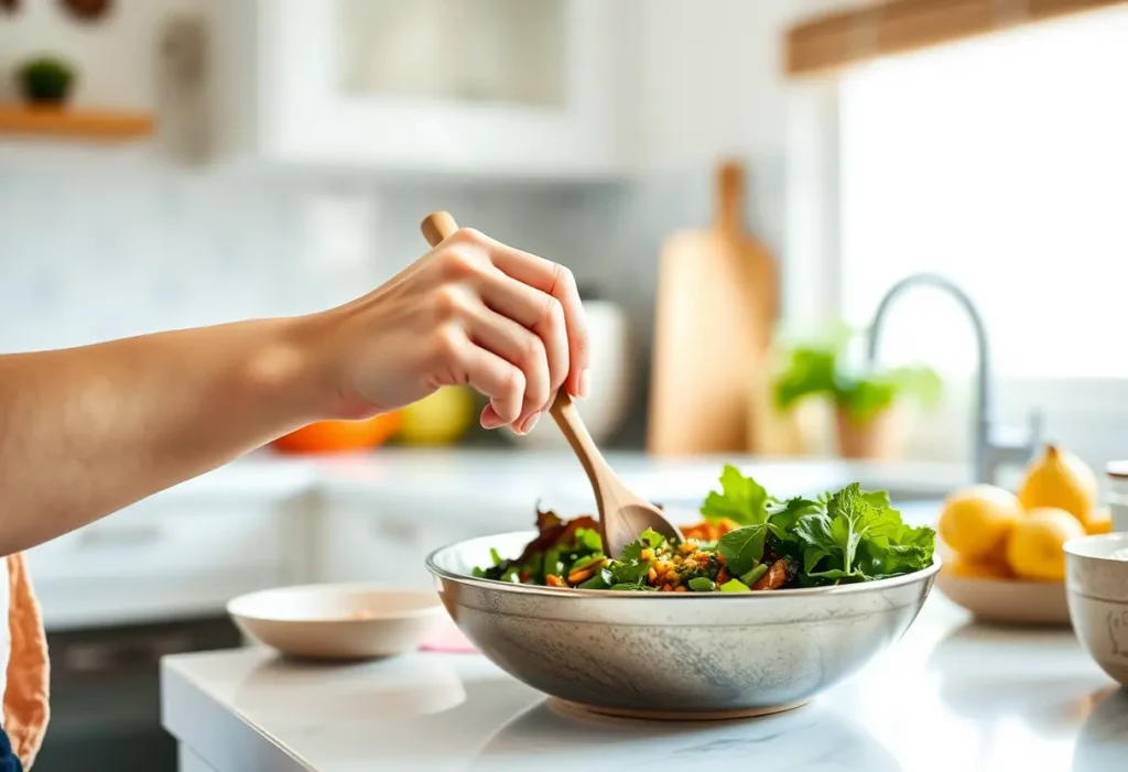 Main : Une main féminine tient une cuillère en bois dans une cuisine bien éclairée.