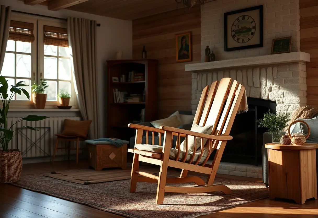 Alt text : Un fauteuil en bois dans un salon accueillant, représentant le repos et le confort.