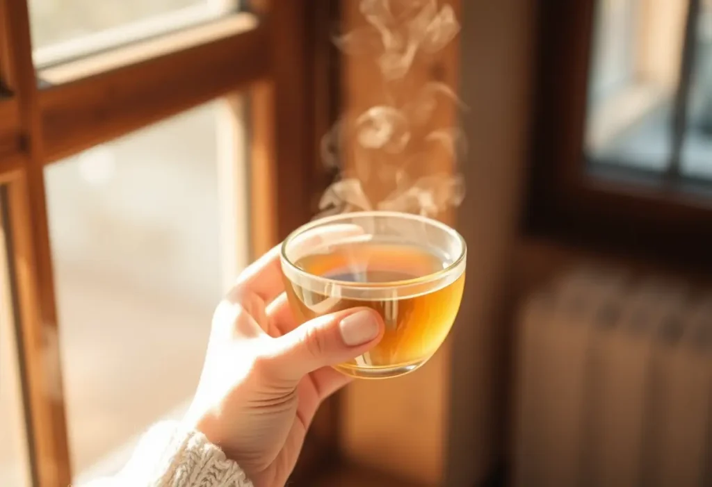 Une main tenant une tasse de thé herbeux, accueillante et apaisante