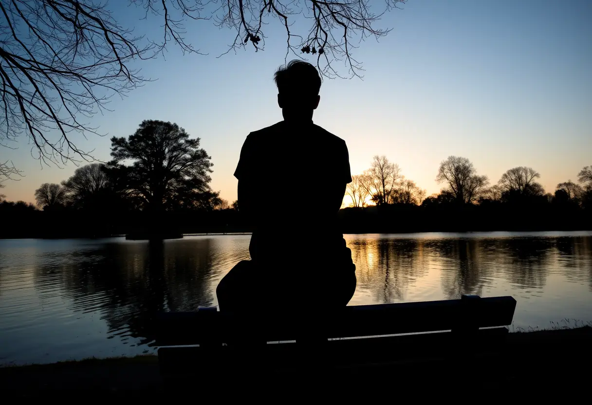 Un profil silhouetté regardant un lac au crépuscule, ambiance sereine et paisible