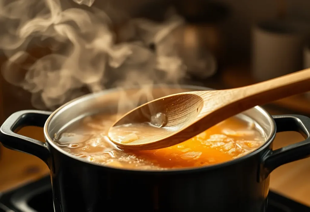 Cuillère en bois qui remue une soupe chaude et réconfortante