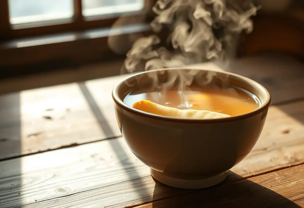 Une soupe de bouillon d'os fumante sur une table rustique