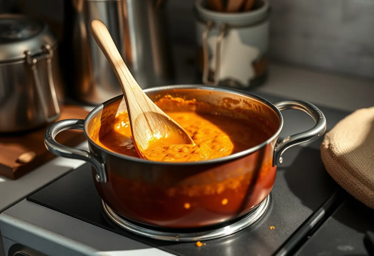 Une cuillère en bois qui remue une marmite de curry dans une cuisine