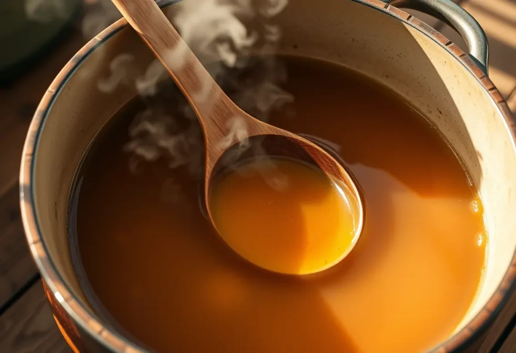 Un cuillère de bois repose dans une marmite remplie de bouillon doré, symbolisant le réconfort après l'accouchement.