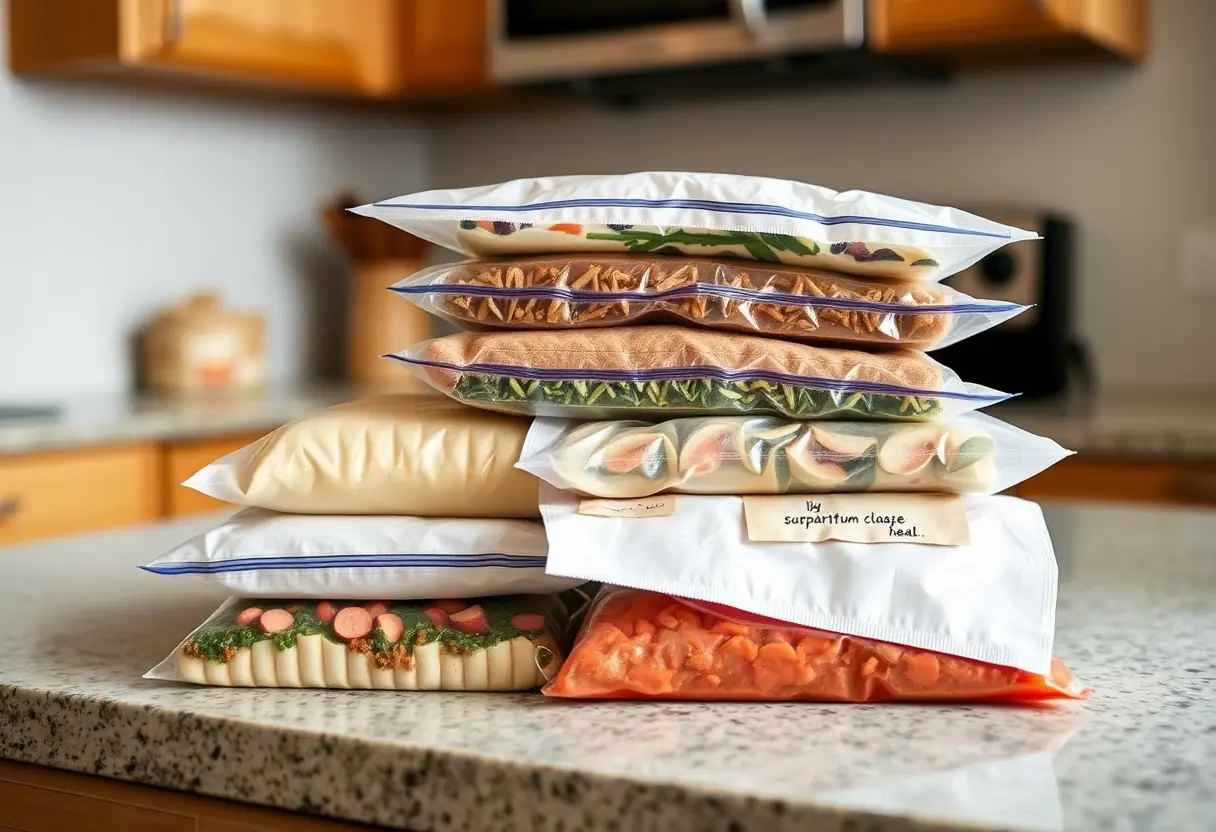 Des sacs de congélation contenant des repas post-partum sont alignés sur un comptoir de cuisine, illustrant la préparation pour la récupération.