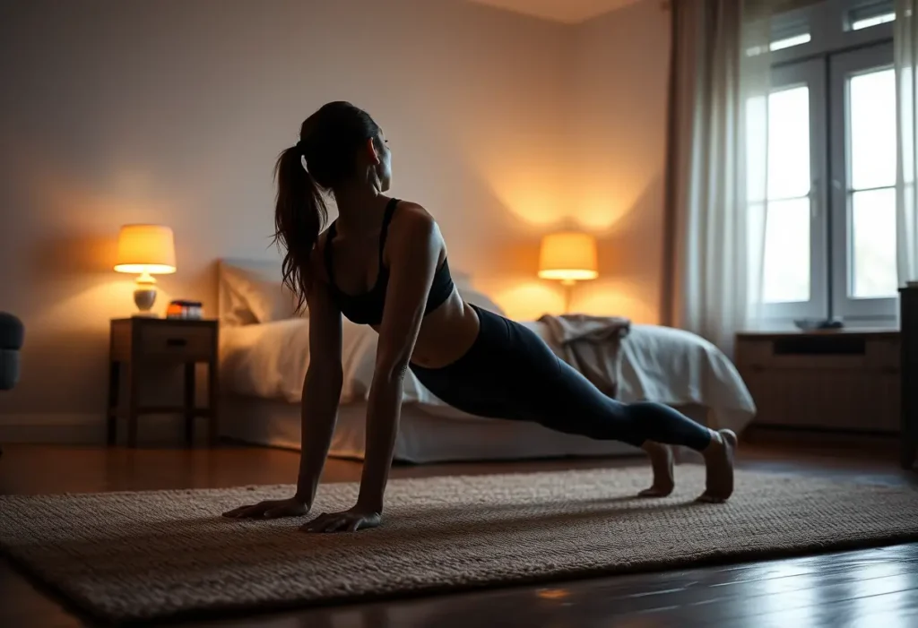 Une femme effectue une planche modifiée sur un tapis moelleux dans sa chambre