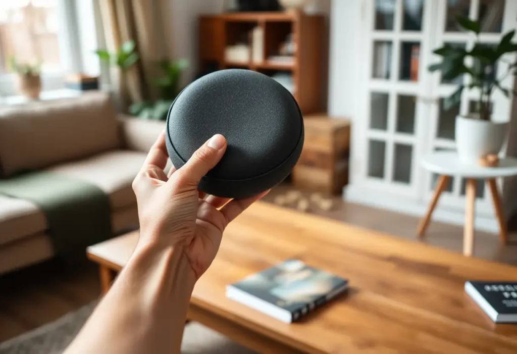 Une main tient un petit coussin rond utilisé lors de l'exercice de rééducation du périnée
