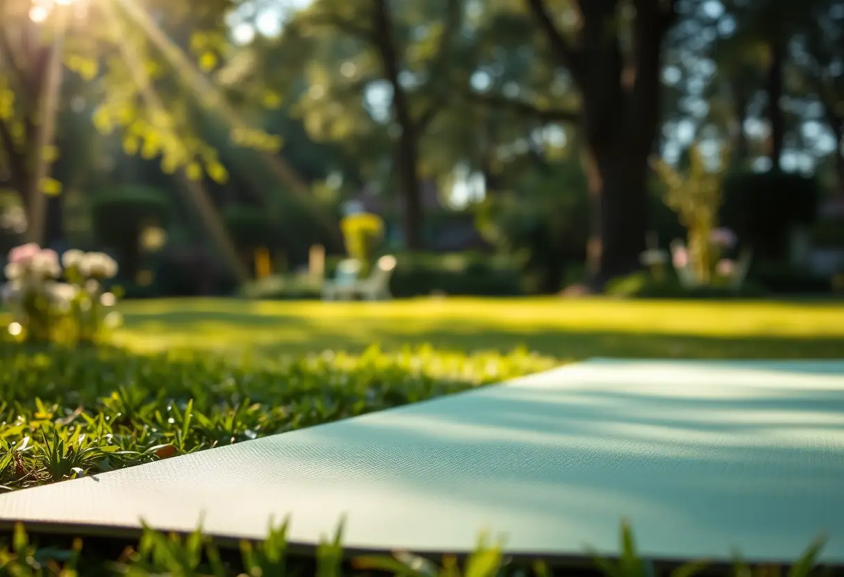 Un tapis de yoga posé dans un jardin calme, sous la lumière douce du matin