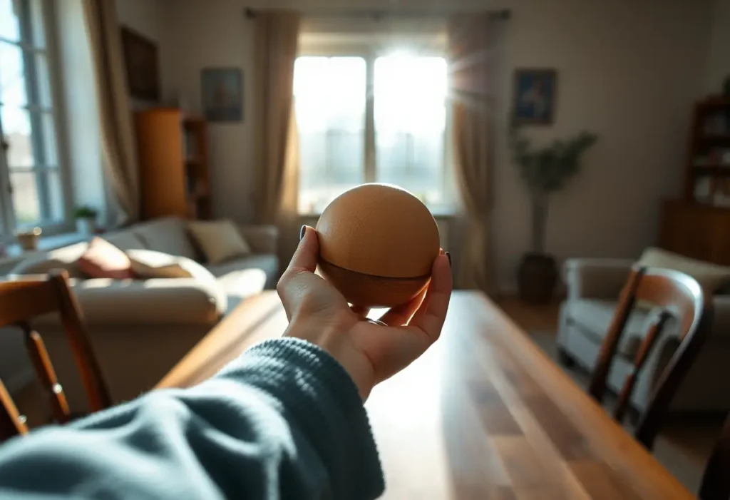 Main de femme tenant une boule en bois dans un article sur la rééducation du périnée