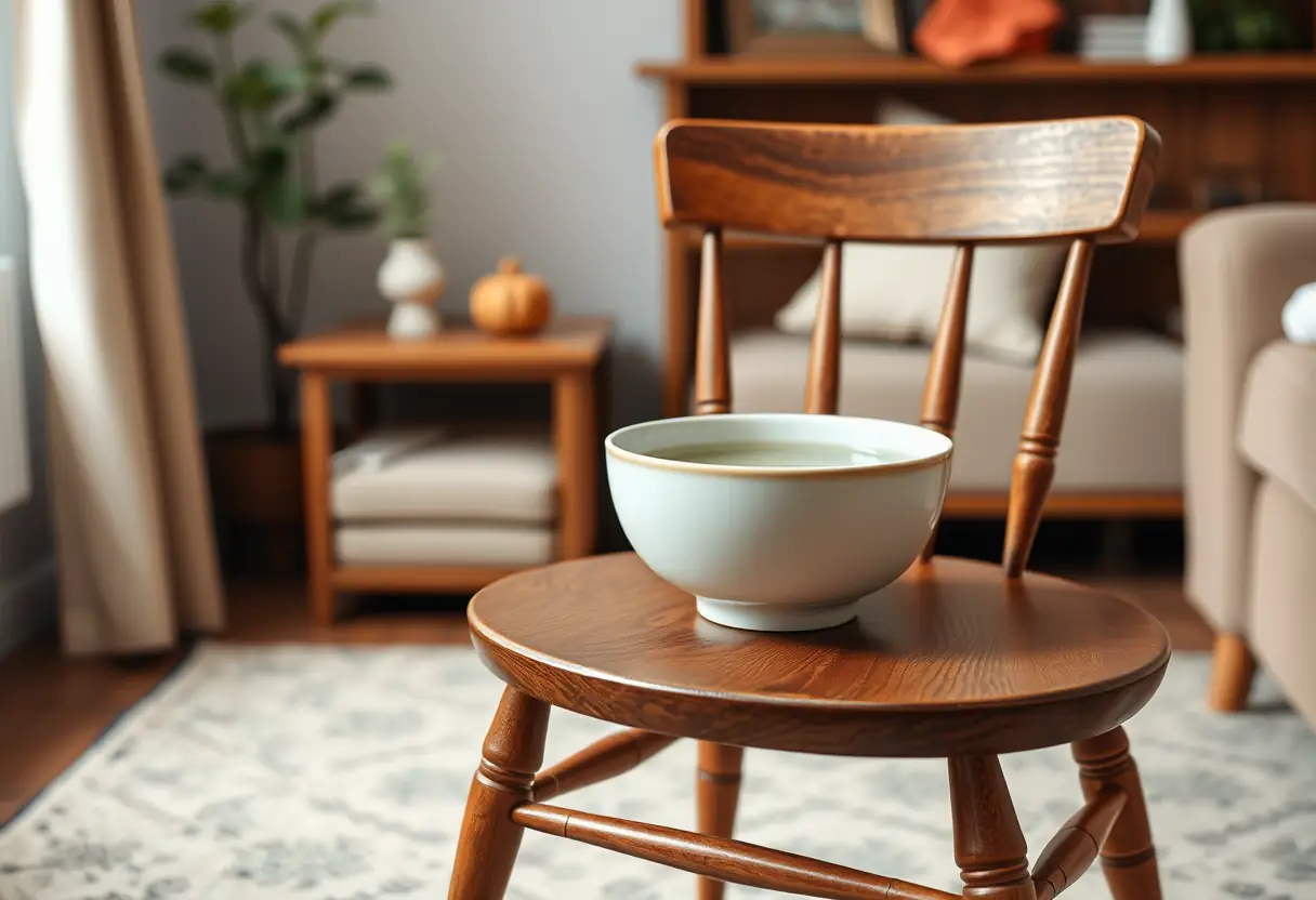 Chaise en bois avec un bol en céramique rempli d'eau pour illustrer les exercices quotidiens du plancher pelvien