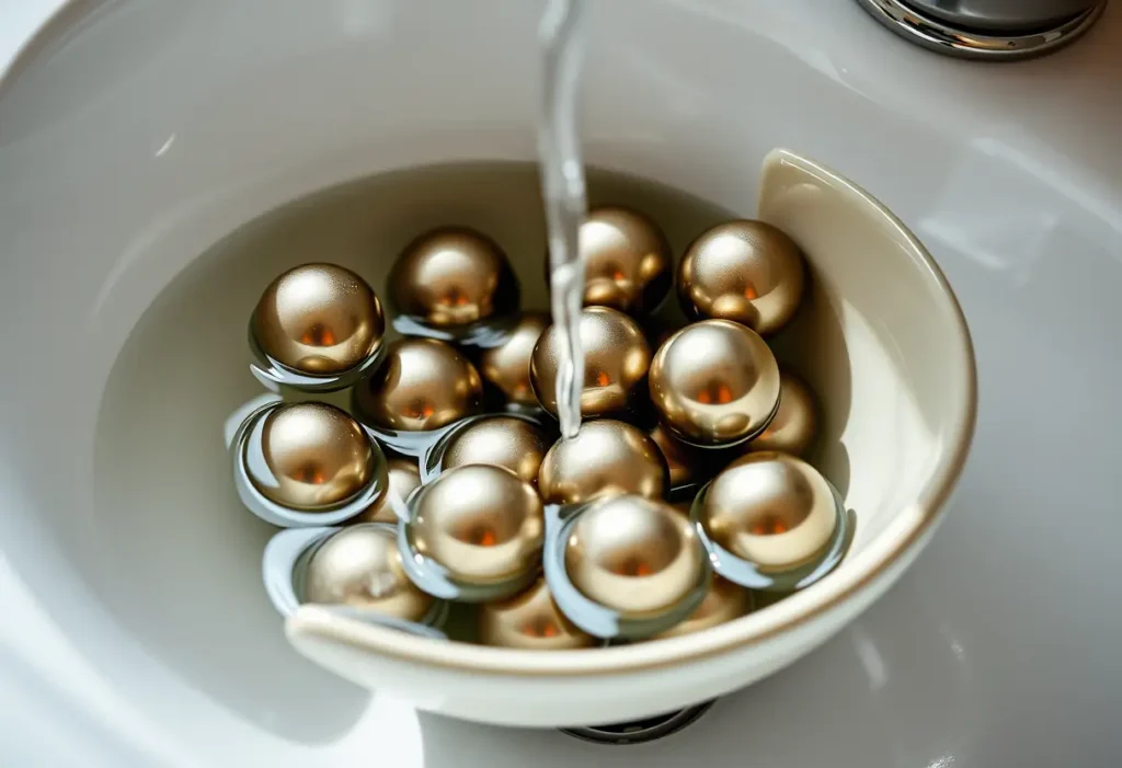 Un lavabo avec des billes métalliques dans un bol en céramique, soulignant l'importance de l'hygiène lors de l'utilisation des billes de Geisha
