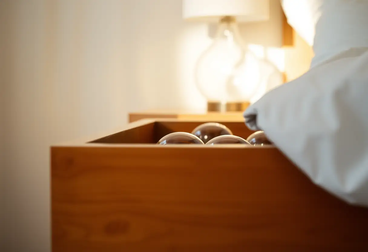 Une commode dans une chambre avec des billes en verre à l'intérieur, illustrant la diversité des matériaux utilisés pour les billes de Geisha