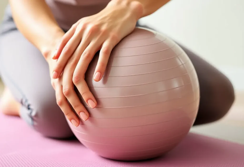 Des mains massant une balle d'exercice douce, représentant l'importance de l'activité physique pour la santé du plancher pelvien