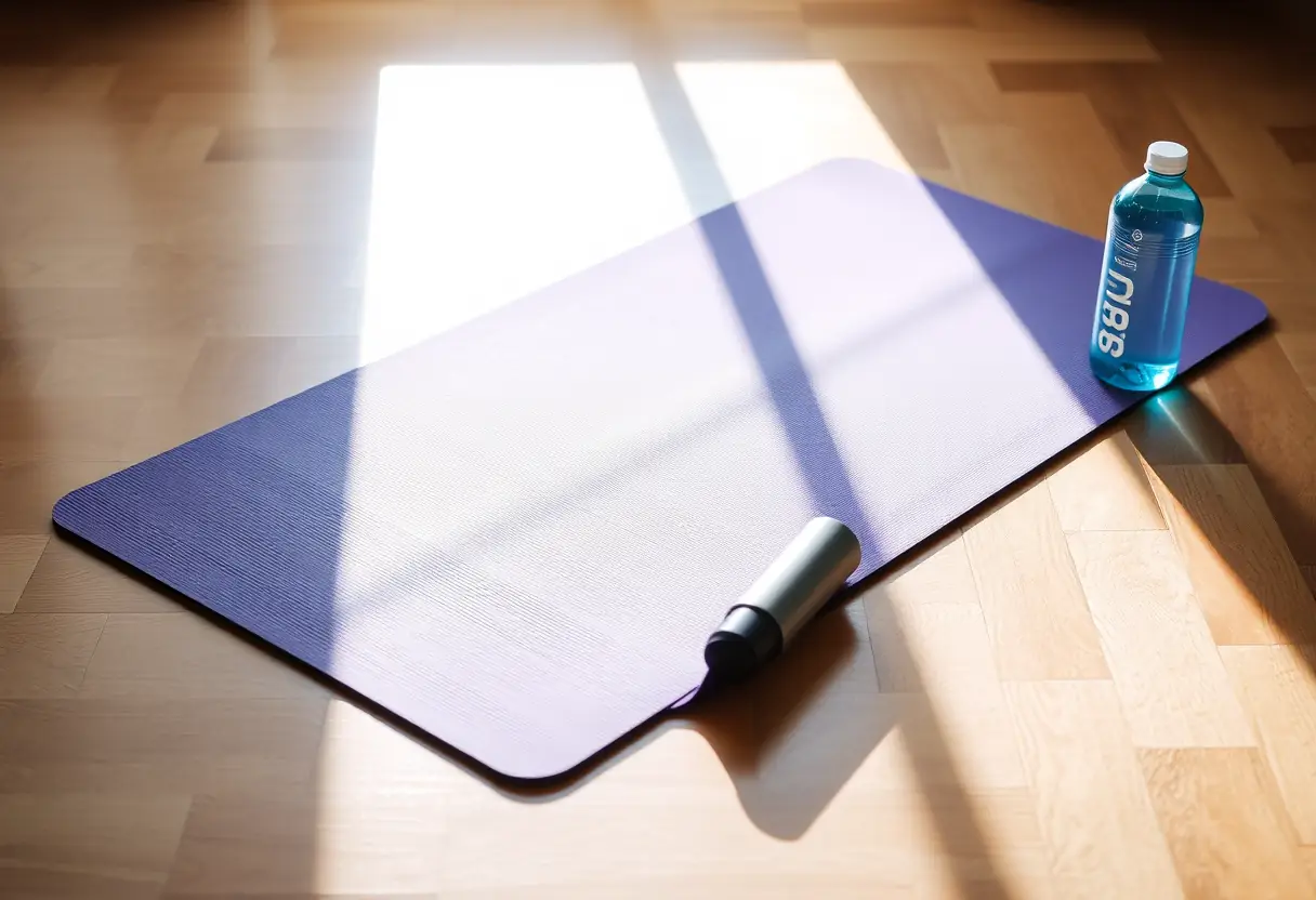 Un tapis de sol posé sur un plancher en bois, avec une bouteille d'eau à proximité, soulignant l'engagement envers la santé personnelle.