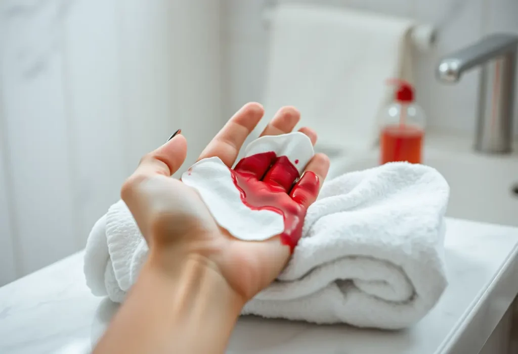 Main: Une main féminine tient une compresse en coton teintée de sang sur une serviette blanche, éclairée naturellement.