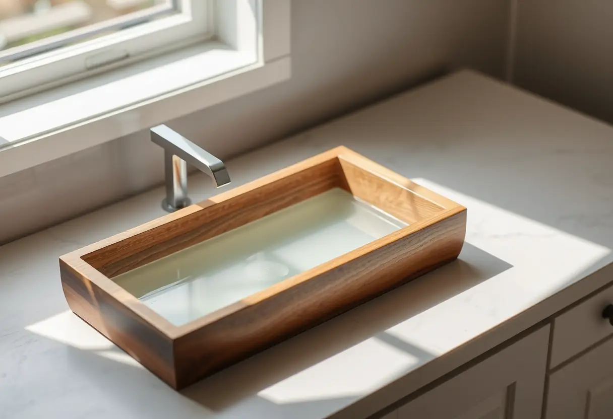 Main: Un bol en bois rectangulaire rempli d'eau chaude sur une table de chevet de salle de bain, éclairé naturellement.