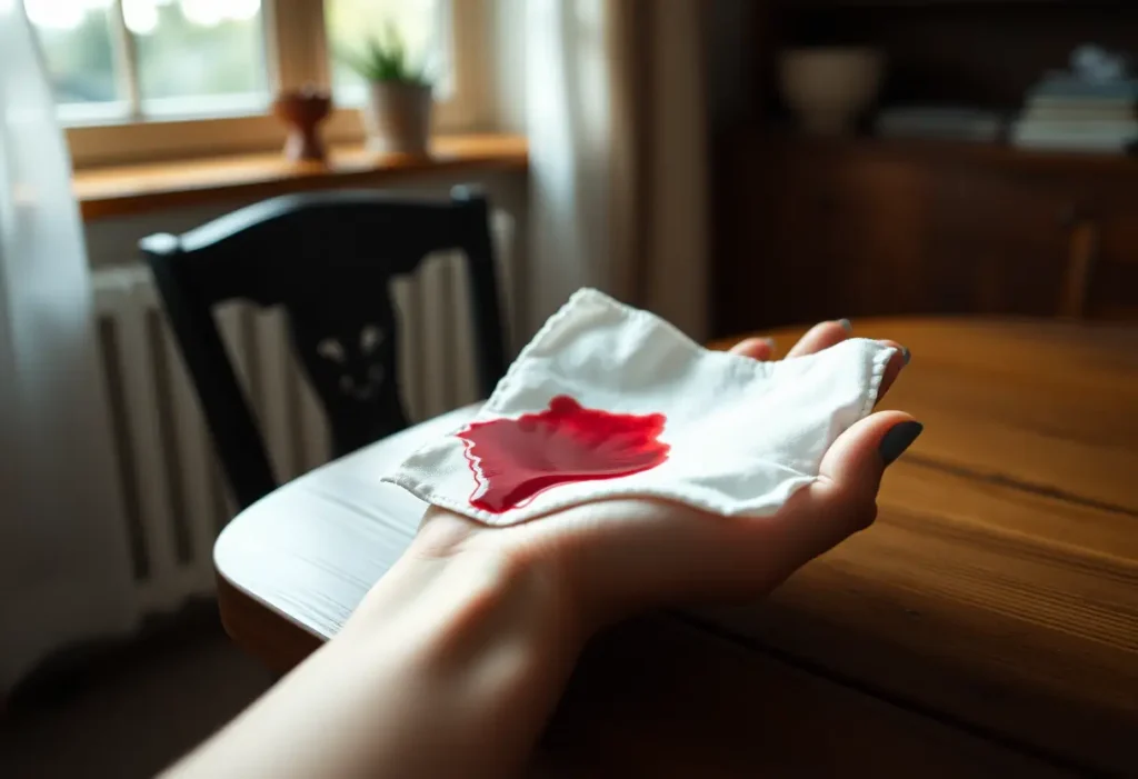 Main dans la prémenopause, tenant un mouchoir hygiénique taché de sang