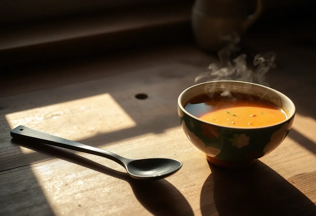 Cuillère près d'une soupe chaude, symbole de réconfort en prémenopause