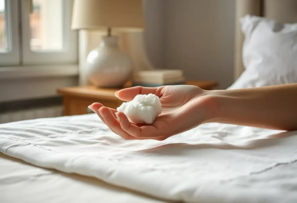Une main tient une boule de coton imbibée de solution sur une table de nuit, symbolisant les soins quotidiens.