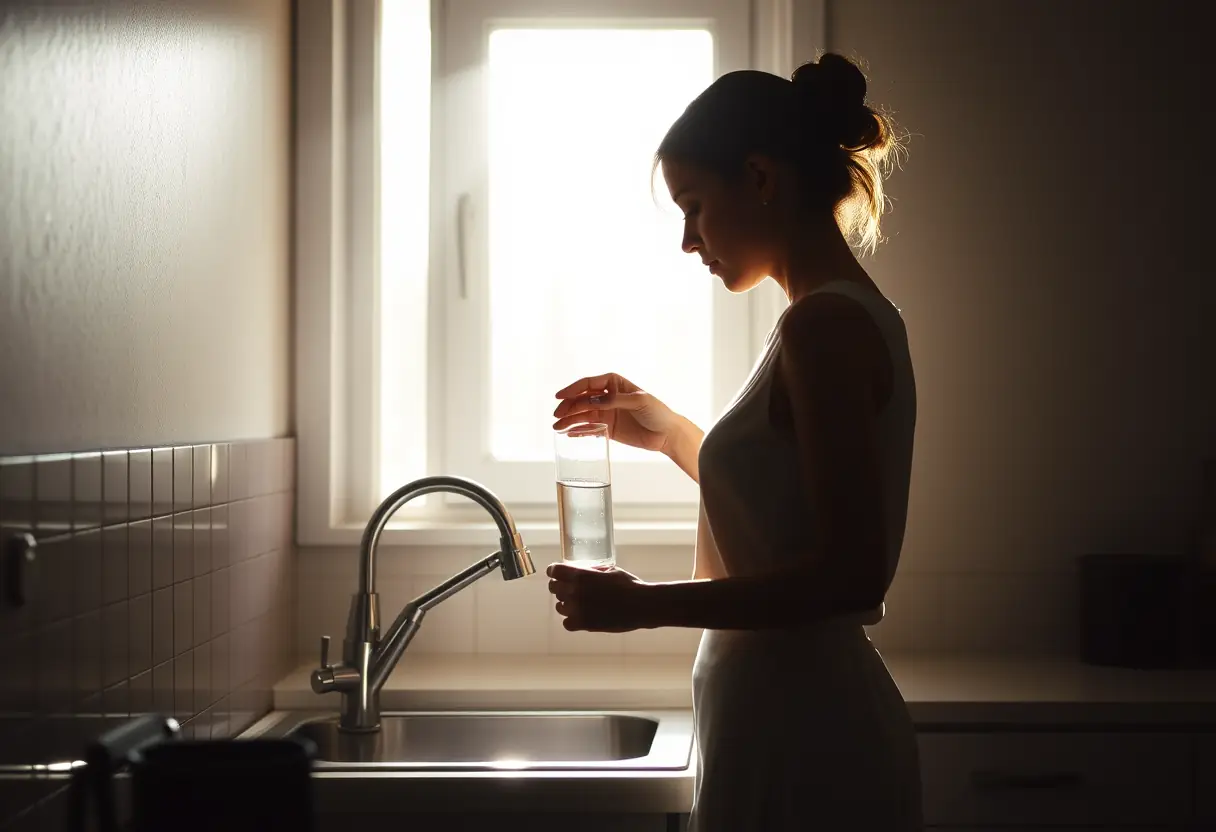 La silhouette d'une femme se remplissant un verre d'eau dans la cuisine, illustrant les gestes simples du quotidien.