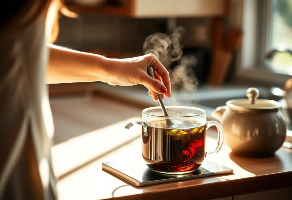Une main féminine remue une tasse d'infusion dans une cuisine, lumière naturelle