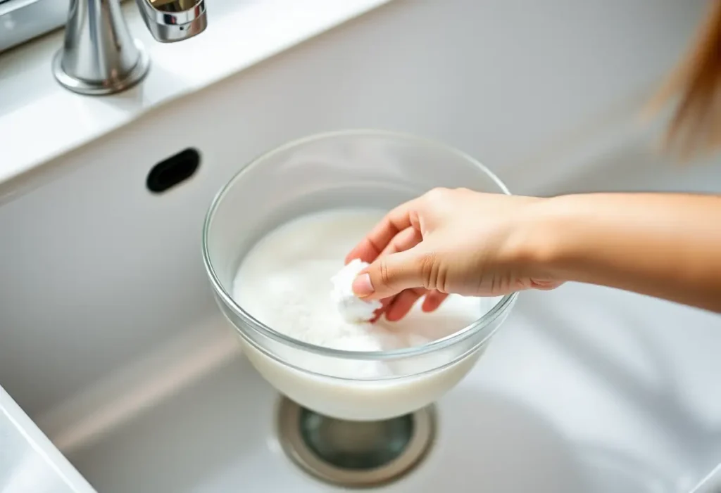 Mainiere de grand-mère : une main remue du bicarbonate de soude dans l'eau.