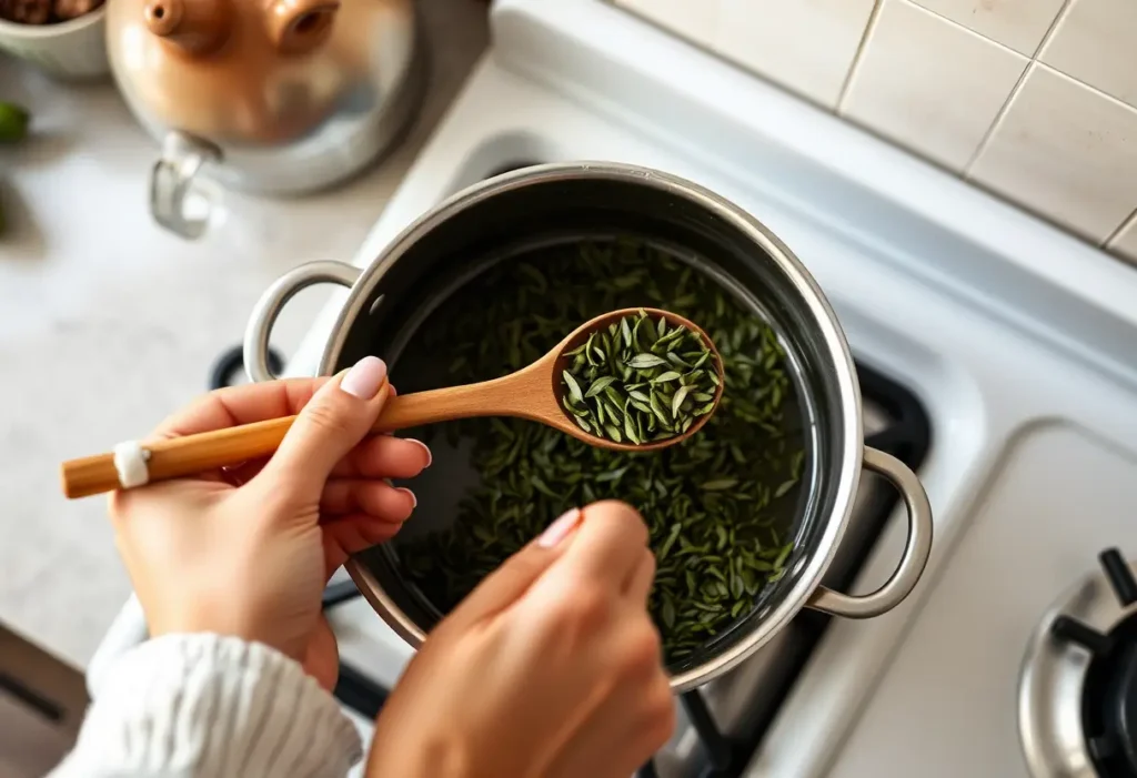 Main de femme tenant une cuillère en bois dans une cuisine, préparant un thé vert pour traiter la prise de poids à la ménopause.