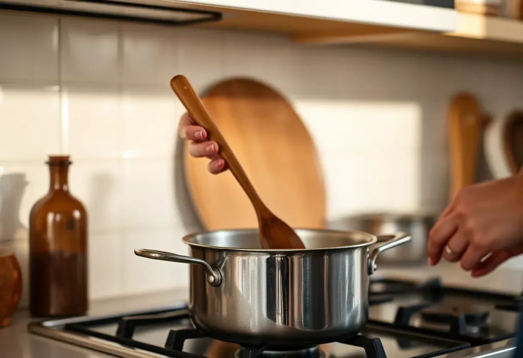Main dans une cuisine où mijote une recette de bien-être