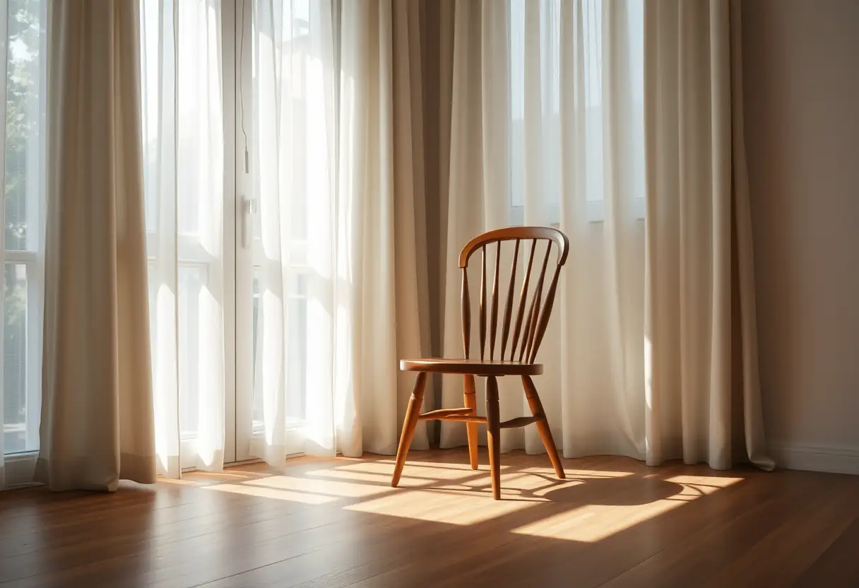 Chaise en bois dans un salon éclairé par la lumière naturelle, symbolisant le confort et la sérénité