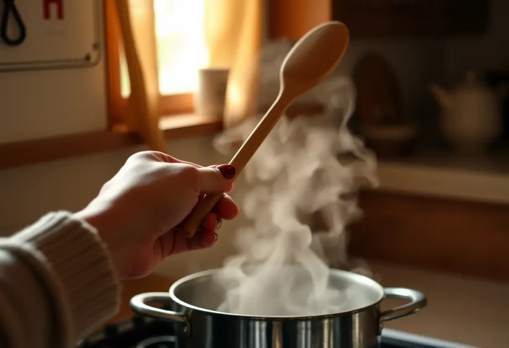 Une main tenant une cuillère de bois au-dessus d'une casserole, symbolisant la cuisine et la sérénité