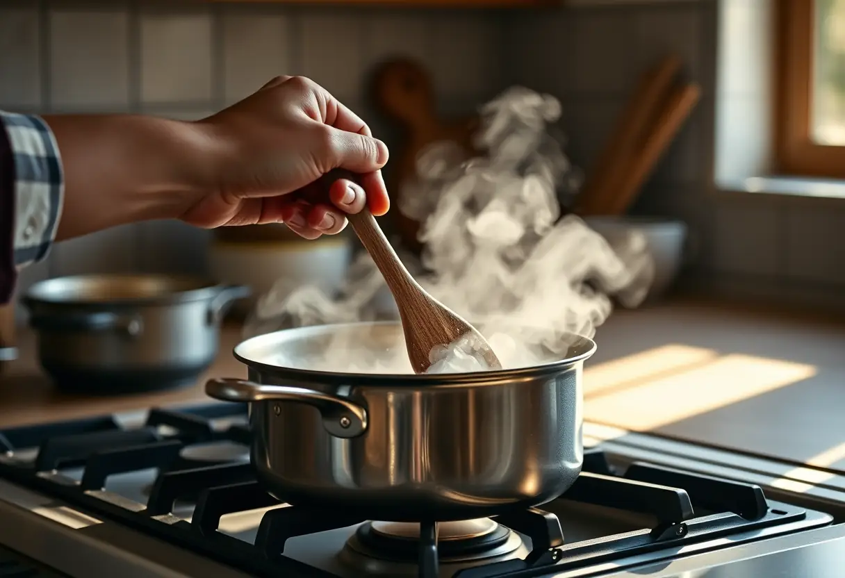 Une main tenant une cuillère en bois au-dessus d'une marmite bouillonnante dans une cuisine chaleureuse