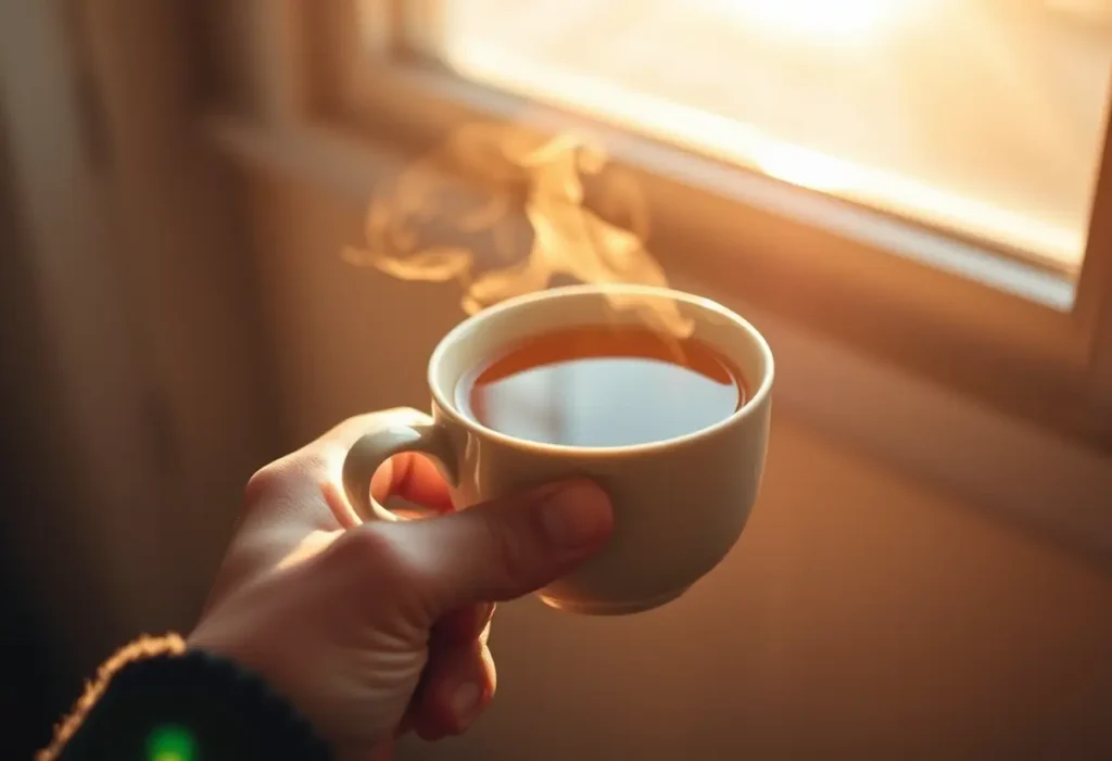 Une main tenant une tasse de thé aromatique, lumière naturelle chaleureuse