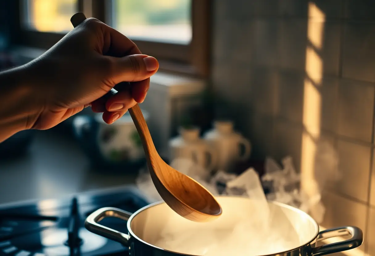 Une cuillère en bois posée près d'une marmite sur un feu, éclairée par la lumière naturelle de la cuisine.