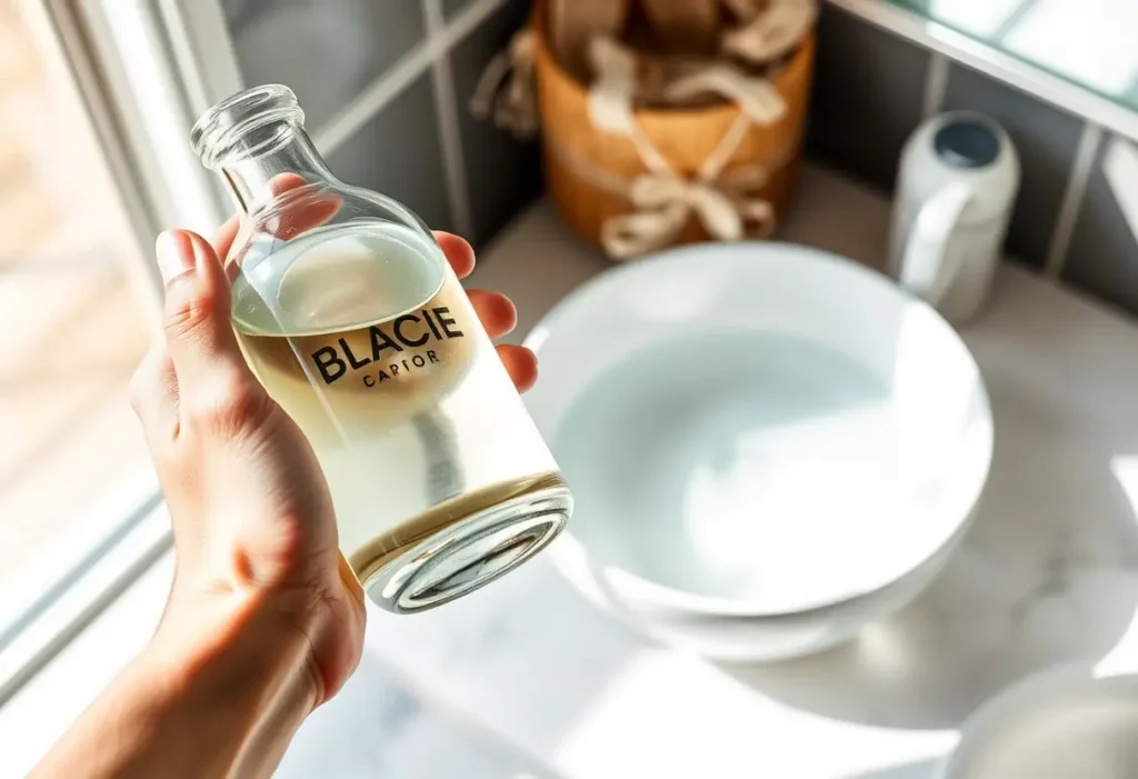 Une main tenant une bouteille de liquide clair près d'un bol d'eau chaude dans une salle de bains