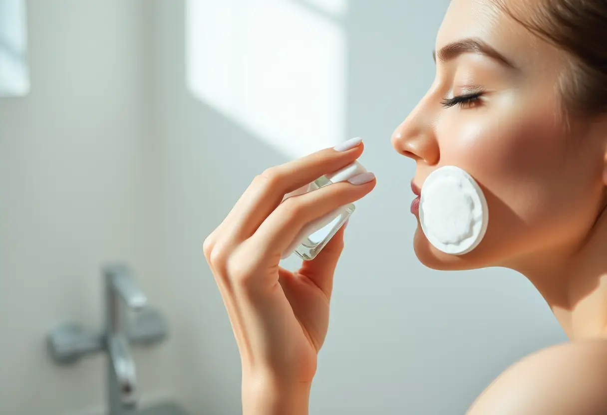 Une main applique délicatement une essence sur le visage en utilisant des cotons-tiges