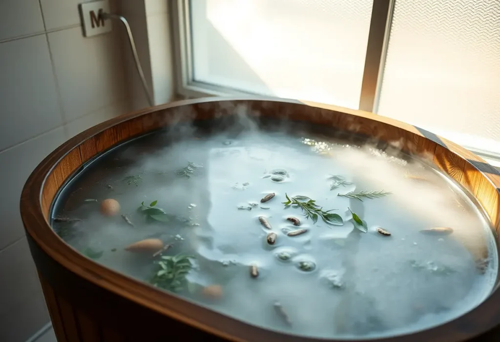 Un grand baquet en bois rempli d'eau chaude avec des ingrédients végétaux flottants, dans une salle de bains