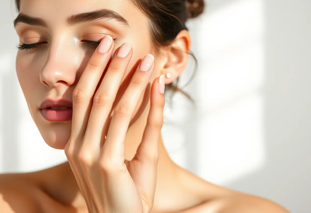 Une main appliquant délicatement une essence sur la peau, évoquant la routine de soins coréenne.
