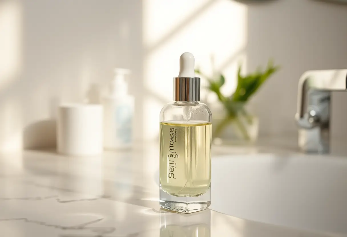 Soins de la peau: une bouteille en verre contenant un sérum pour le visage sur un meuble de toilette, lumière du matin.