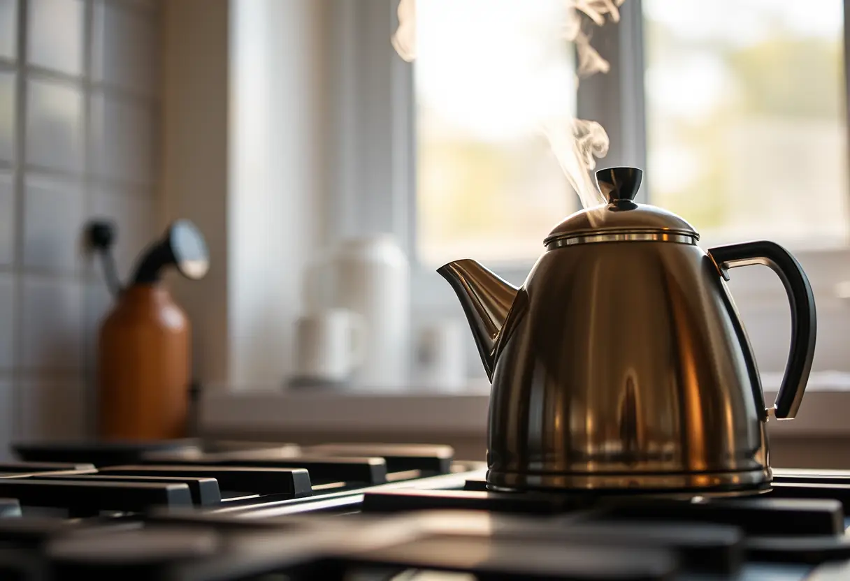 Un bouillon de thé sifflotant sur une cuisinière, évoquant le bien-être au quotidien