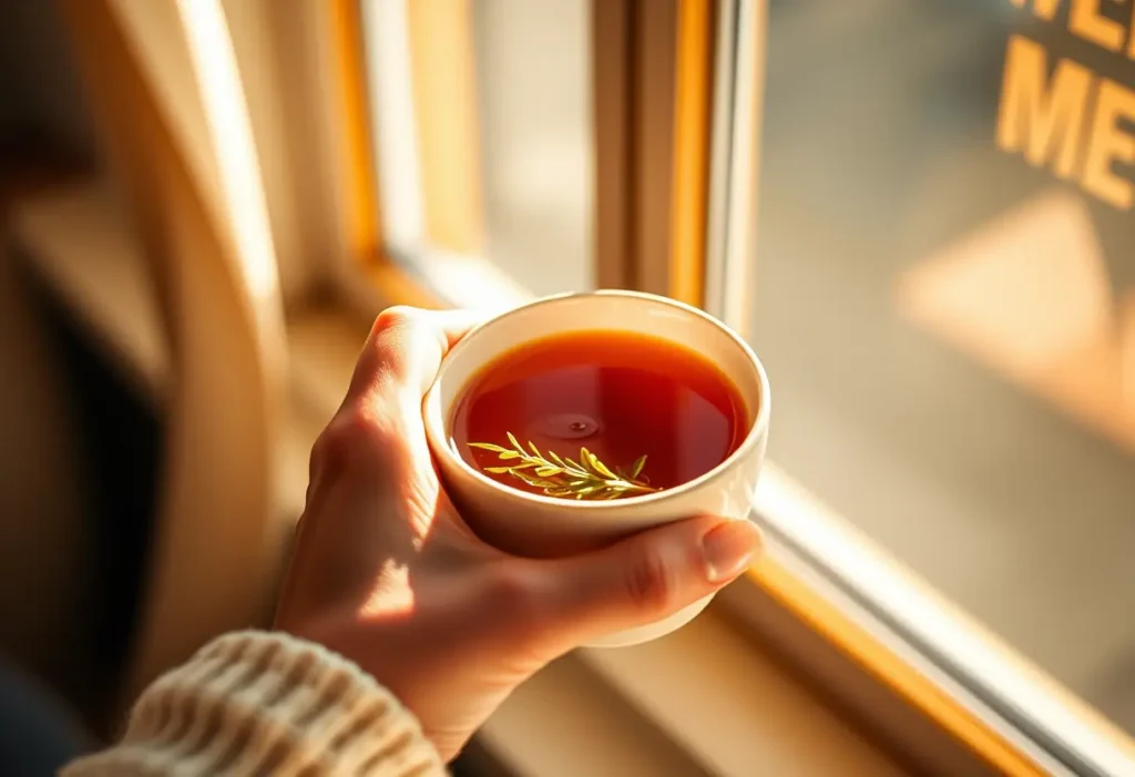 Une main féminine tient une tasse de thé herbeux, éclairée par la lumière naturelle.
