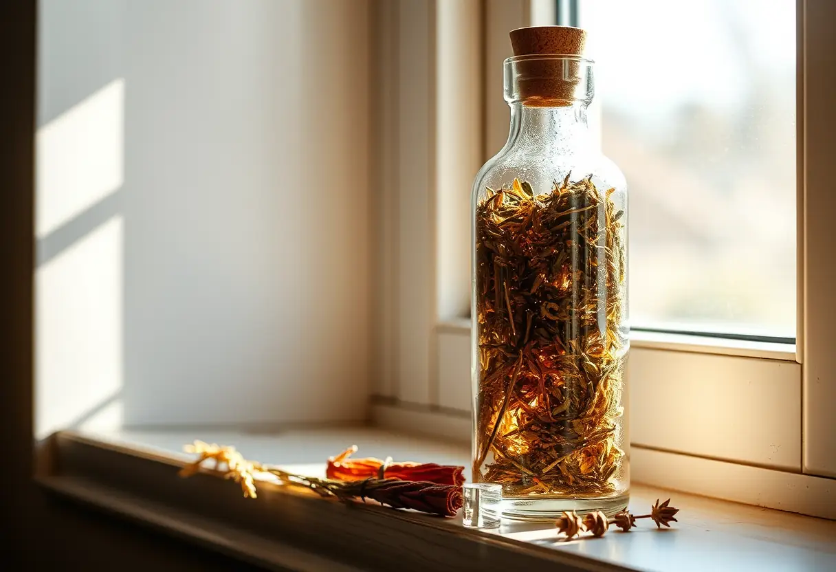 Une bouteille en verre remplie d'herbes sèches sur un rebord de fenêtre, éclairée par la lumière naturelle, soulignant l'utilisation de remèdes naturels pour le bien-être pendant les différentes phases du cycle menstruel.