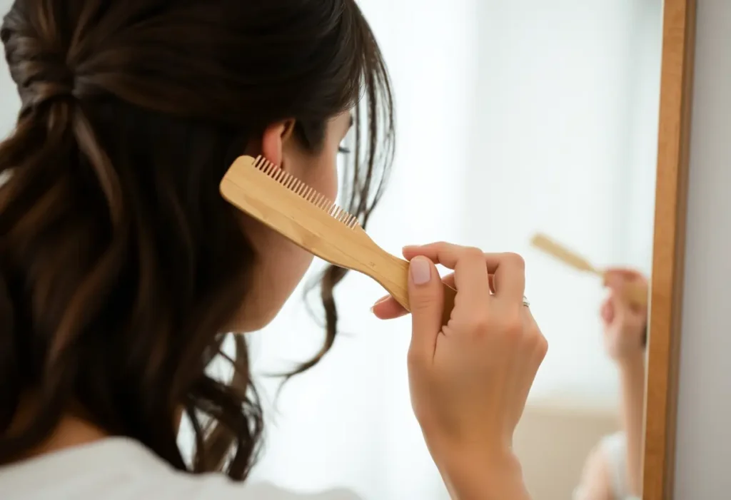 Une main posée sur une brosse en bois, devant un miroir, reflétant un moment de soin personnel