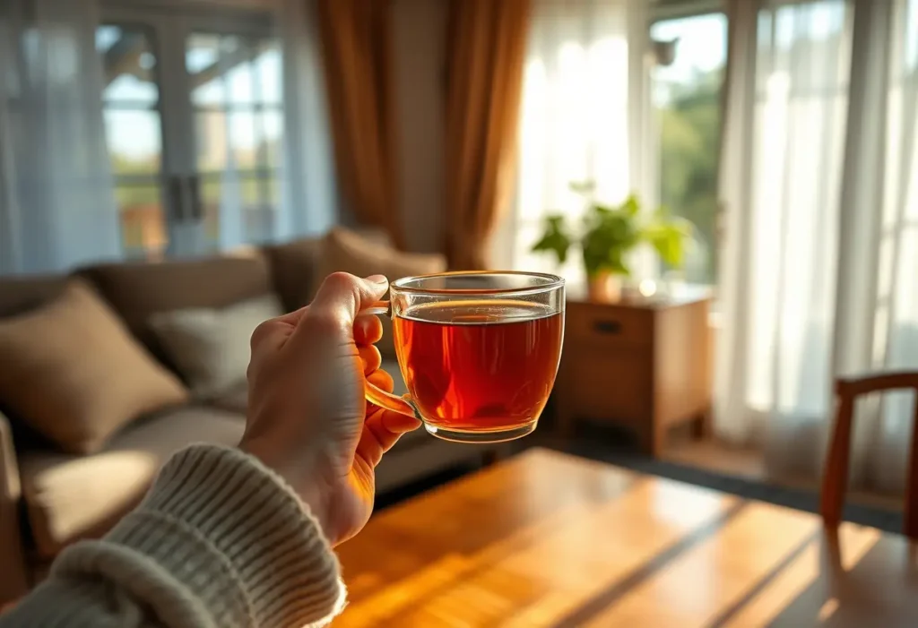 Une main tenant une tasse de thé chaud dans un salon accueillant, lumière naturelle apportant douceur et chaleur.