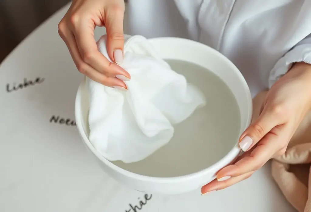 Une main dépose doucement un linge blanc dans un bol en porcelaine